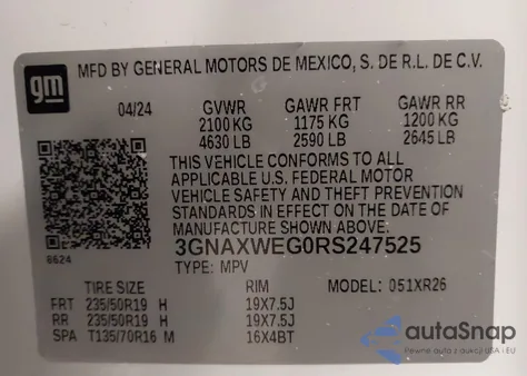 2024 Chevrolet Equinox Awd Rs from USA, damaged, VIN 3GNAXWEG0RS247525